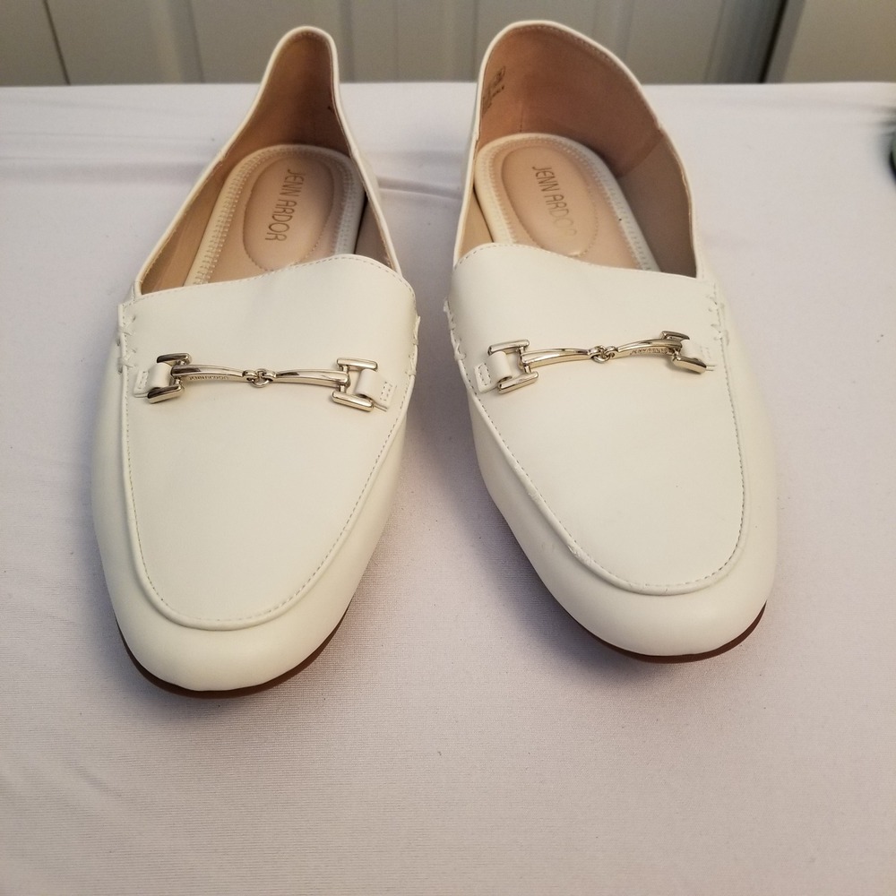 Jenn Ardor Womens White Horsebit Loafers Slip On Flat Shoes Gold Hardware size 8